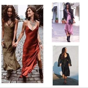 The Lolo Satin Slip Dress with Side Split in Olive